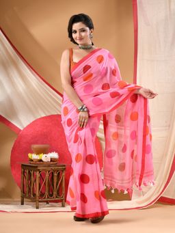 DESH BIDESH - Women Pink Cotton Polka Dots Saree Without Blouse