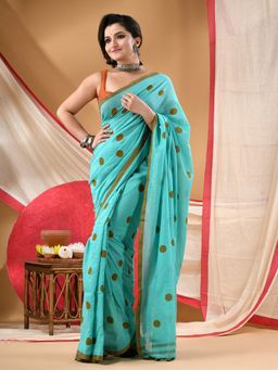 DESH BIDESH - Women Aqua Cotton Polka Dots Saree Without Blouse