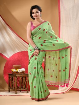 DESH BIDESH - Women Green Cotton Polka Dots Saree Without Blouse