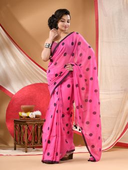 DESH BIDESH - Women Pink Cotton Polka Dots Saree Without Blouse