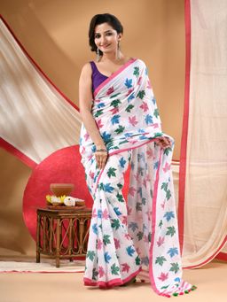 DESH BIDESH - Women White Cotton Printed Saree Without Blouse