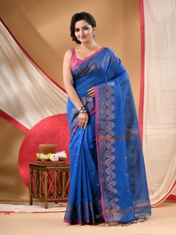 DESH BIDESH - Women Blue Cotton Woven Saree with Unstitched Blouse