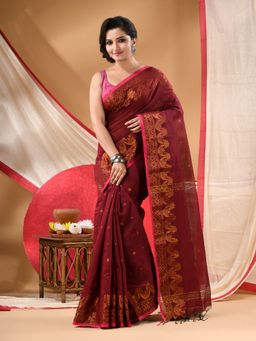 DESH BIDESH - Women Maroon Cotton Woven Saree with Unstitched Blouse