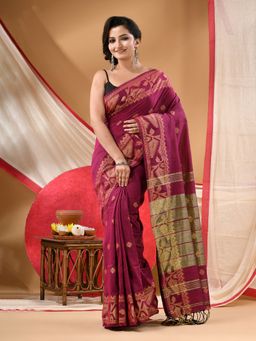 DESH BIDESH - Women Magenta Cotton Woven Saree with Unstitched Blouse