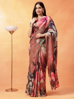 Navyasa By Liva - Women Brown Liva Chiffon Floral Print Saree with Unstitched Blouse