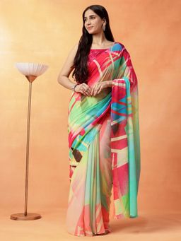Navyasa By Liva - Women Multicolour Liva Chiffon Abstract Print Saree with Unstitched Blouse