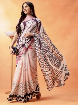 Navyasa By Liva - Women Pink Liva Chiffon Geometric Print Saree with Unstitched Blouse