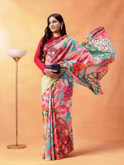 Navyasa By Liva - Women Multi-Color Liva Excel Linen Abstract Print Saree with Unstitched Blouse