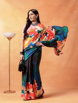 Navyasa By Liva - Women Blue Liva Crepe Floral Print Saree with Unstitched Blouse