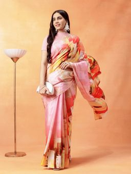 Navyasa By Liva - Women Pink Liva Satin Abstract Printed Saree with Unstitched Blouse