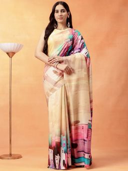 Navyasa By Liva - Women Cream Liva Satin Abstract Print Saree with Unstitched Blouse