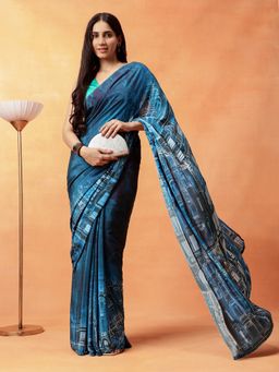 Navyasa By Liva - Women Blue Liva Crepe Abstract Print Saree with Unstitched Blouse