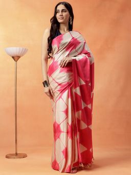 Navyasa By Liva - Women Coral Liva Satin Geometric Print Saree with Unstitched Blouse