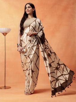 Navyasa By Liva - Women Brown Liva Satin Geometric Print Saree with Unstitched Blouse