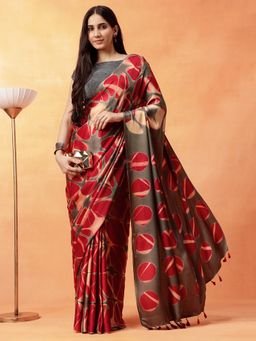 Navyasa By Liva - Women Olive Liva Satin Geometric Print Saree with Unstitched Blouse