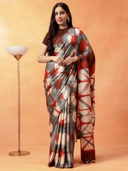 Navyasa By Liva - Women Rust and Beige Liva Satin Geometric Print Saree with Unstitched Blouse