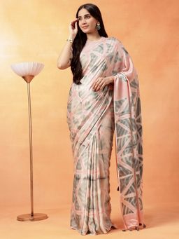 Navyasa By Liva - Women Light Pink Liva Satin Geometric Print Saree with Unstitched Blouse