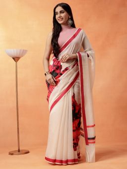 Navyasa By Liva - Women Beige Liva Excel Jacquard Saree with Unstitched Blouse