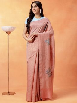 Navyasa By Liva - Women Peach Liva Jacquard Printed Saree with Unstitched Blouse