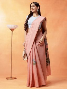 Navyasa By Liva - Women Peach Liva Excel Jacquard Print Saree with Unstitched Blouse