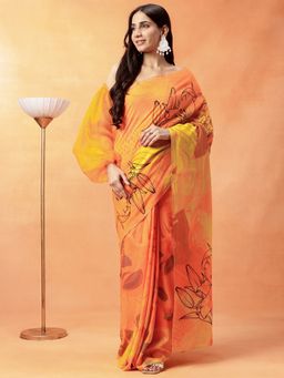 Navyasa By Liva - Women Yellow Liva Excel Linen Floral Print Saree with Unstitched Blouse