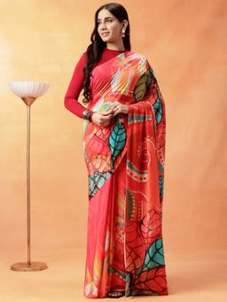 Navyasa By Liva - Women Red Liva Crepe Abstract Print Saree with Unstitched Blouse