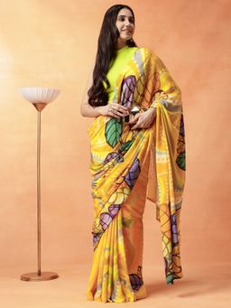Navyasa By Liva - Women Yellow Liva Crepe Abstract Print Saree with Unstitched Blouse