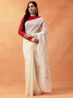 Navyasa By Liva - Women Beige Liva Excel Jacquard Print Saree with Unstitched Blouse