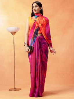 Navyasa By Liva - Women Magenta Liva Crepe Abstract Print Saree with Unstitched Blouse