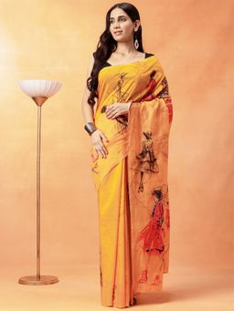 Navyasa By Liva - Women Mustard Liva Excel Linen Abstract Print Saree with Unstitched Blouse