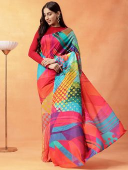 Navyasa By Liva - Women Multicolor Liva Excel Linen Abstract Print Saree with Unstitched Blouse