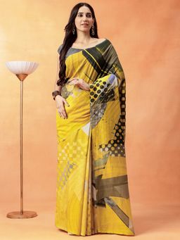 Navyasa By Liva - Women Yellow Liva Excel Linen Abstract Print Saree with Unstitched Blouse