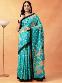 Navyasa By Liva - Women Green Liva Satin Floral Print Saree with Unstitched Blouse