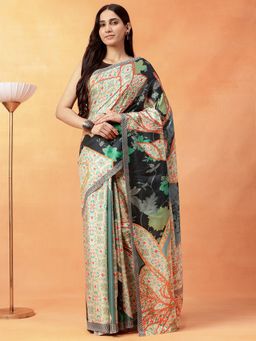 Navyasa By Liva - Women Multicolor Liva Satin Floral Print Saree with Unstitched Blouse