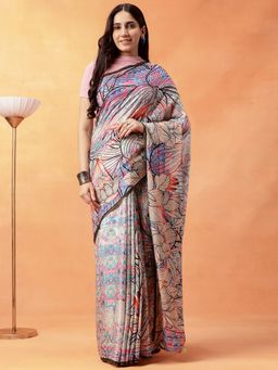 Navyasa By Liva - Women Beige Liva Satin Floral Print Saree with Unstitched Blouse