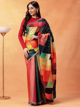 Navyasa By Liva - Women Multicolor Liva Satin Geometric Print Saree with Unstitched Blouse