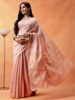 Navyasa By Liva - Women Peach Liva Excel Jacquard Printed Saree with Unstitched Blouse