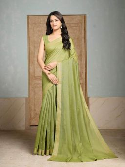 Garden VARELI - Women Olive Linen Solid Saree Without Blouse