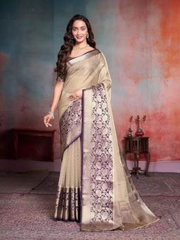 Garden VARELI - Women Beige Art Silk Floral Saree with Unstitched Blouse