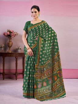Garden VARELI - Women Green Cotton Floral Saree with Unstitched Blouse