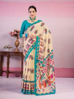Garden VARELI - Women Beige Cotton Printed Saree with Unstitched Blouse