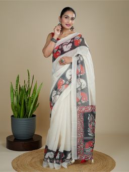 Hella Fashions - Cream Linen Blend Printed Saree with Unstitched Blouse