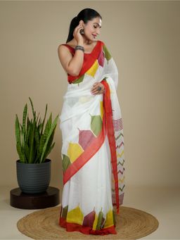 Hella Fashions - White Linen Blend Printed Saree with Unstitched Blouse