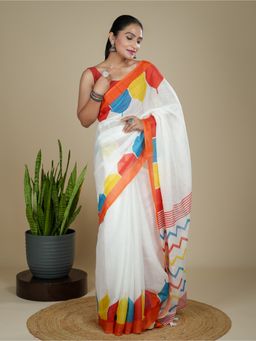Hella Fashions - White Linen Blend Printed Saree with Unstitched Blouse