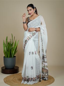 Hella Fashions - White Linen Blend Printed Saree with Unstitched Blouse