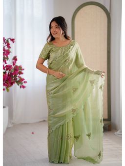 JATRIQQ - Women Olive Silk Blend Embroidered Saree with Unstitched Blouse
