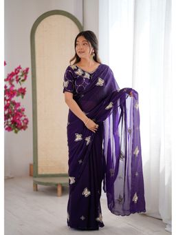JATRIQQ - Women Purple Silk Blend Embroidered Saree with Unstitched Blouse