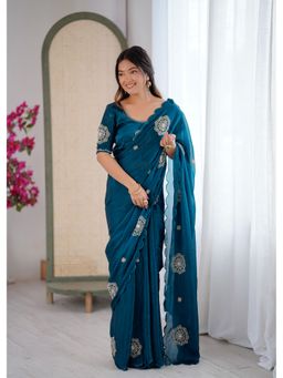 JATRIQQ - Women Teal Silk Blend Embroidered Saree with Unstitched Blouse