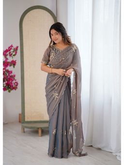 JATRIQQ - Women Grey Silk Blend Embroidered Saree with Unstitched Blouse