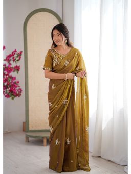 JATRIQQ - Women Olive Silk Blend Embroidered Saree with Unstitched Blouse